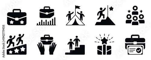 Business competition icon set, featuring success, goal, target, development, winner, achievement, mission, victory, career, challenge, champion, management, and mountain peak symbols 