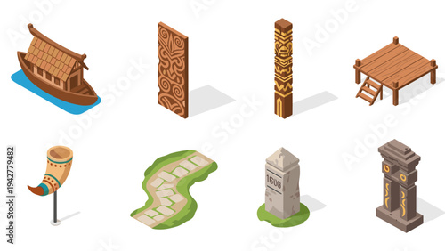 Isometric cultural icons set: boat, totem, stone path, wooden dock, and more