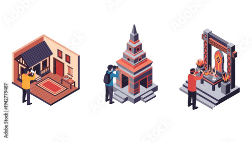 Isometric travel explorers capturing architectural landmarks and cultural moments