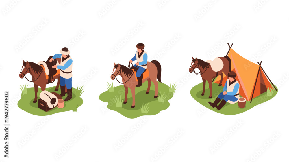 Fototapeta premium Medieval camping: isometric scenes with knights and horses in nature
