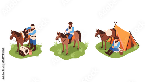 Medieval camping: isometric scenes with knights and horses in nature