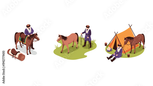 Isometric nomadic life scene with horses and tent set against white background