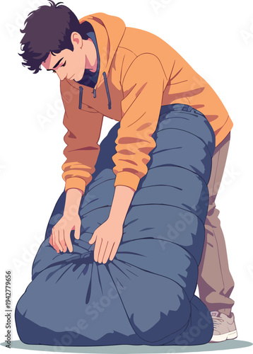 Illustrazione vettoriale di una persona che arrotola o sistema un sacco a pelo imbottito dopo il campeggio. Concetto di outdoor, viaggio, escursionismo, organizzazione dell’attrezzatura e vita nella n