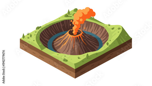 Isometric volcano eruption in 3d style with vibrant lava and lush terrain