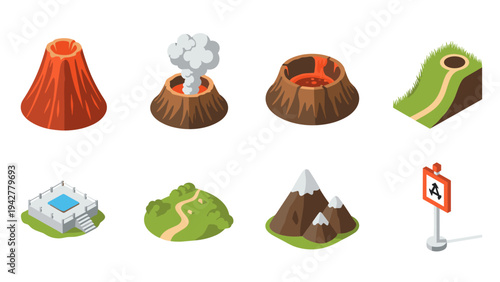 Volcanos, mountains, and landscapes: isometric icon set for maps and games