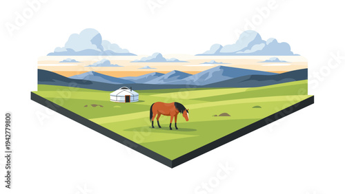 Isometric landscape with mountains, horse, and yurt under a cloudy sky