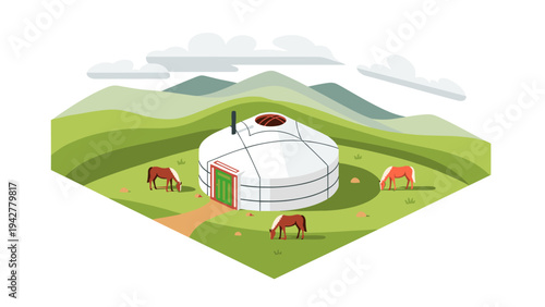 Traditional mongolian yurt in serene mountain landscape with grazing horses