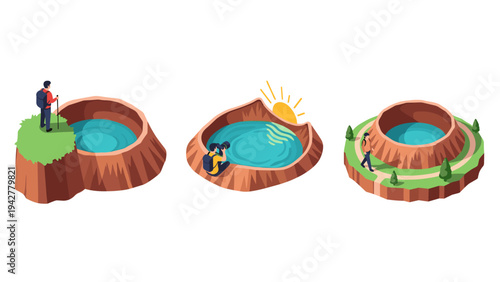 Adventure scenes with travelers and volcanic craters in modern flat art style