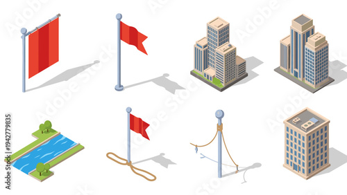 Isometric urban elements and red flags in flat design