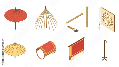 Traditional asian elements set with isometric parasols, lanterns, fans, and brushes
