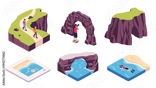 Isometric nature scenes with diverse landscapes and activities