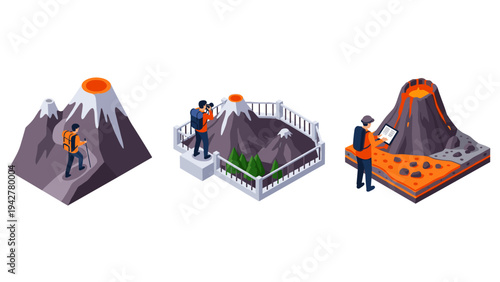Isometric volcano exploration depictions featuring scientists studying eruptions and geological formations