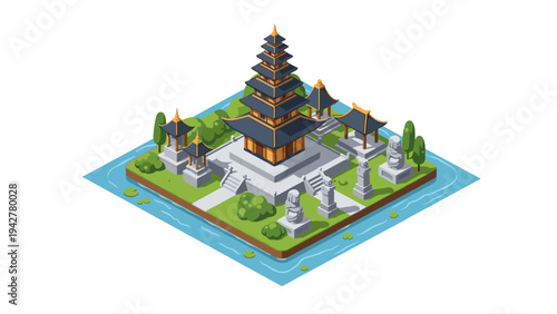 Isometric asian temple with surrounding garden and statues on an island