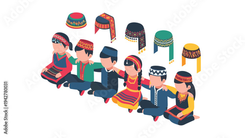 Traditional cultural dress and headwear collection in isometric style