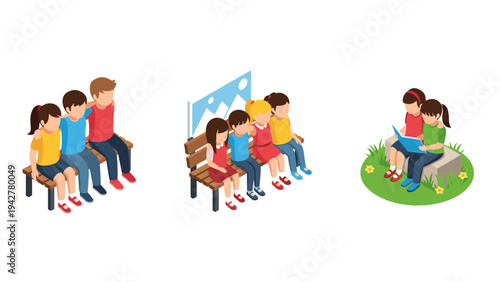 Children reading and sitting on benches: isometric scene of kids in outdoor and indoor settings