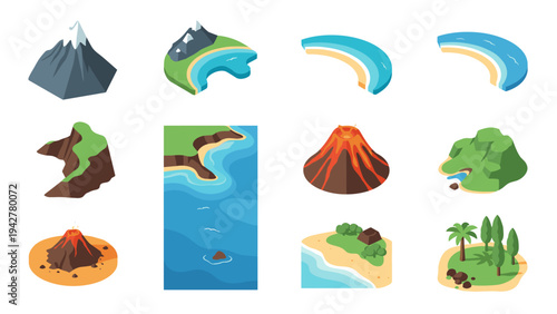 Isometric landscape elements: mountains, beaches, volcanoes