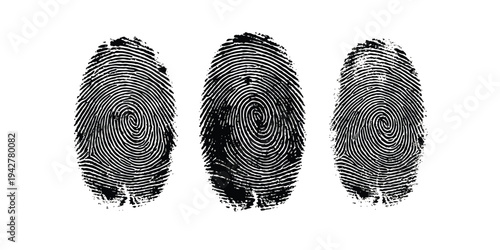Black and white image depicting three distinct fingerprints arranged horizontally on a white background, symbolizing identification and security.