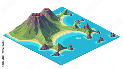 Isometric volcanic island with mountains and beaches in vibrant 3d landscape design