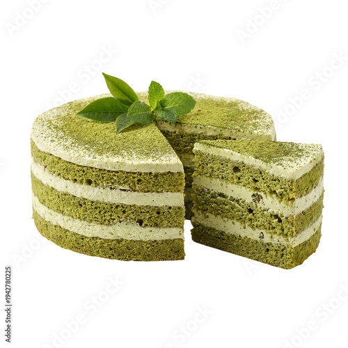 Dreamy Matcha Green Tea Layer Cake with Smooth Cream Filling, Elegantly Garnished with Fresh Mint, Offering a Refreshing and Visually Stunning Dessert Experience