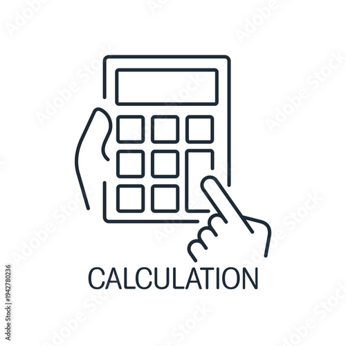 Hand with calculator. Make a calculation, computation.Literacy. Vector linear icon  illustration isolated on white background.