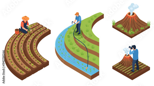 Isometric farming and nature activities: agriculture, irrigation, and adventure scenes