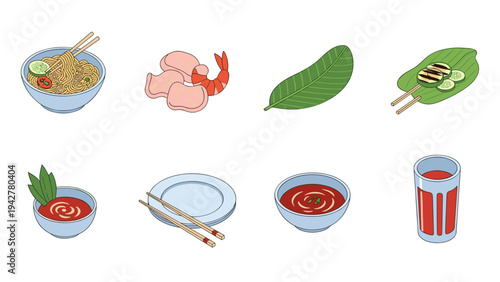 Colorful asian cuisine: illustrated noodles, shrimp, dumplings, and beverages