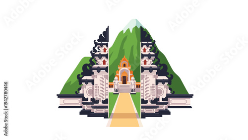 Traditional balinese temple entrance with majestic mountains in the background