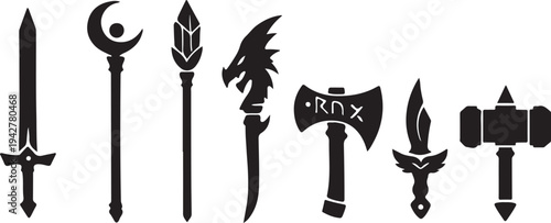 Fantasy Weapon Silhouettes Set Magic Sword Staff Axe Hammer Dagger Game Icon Collection