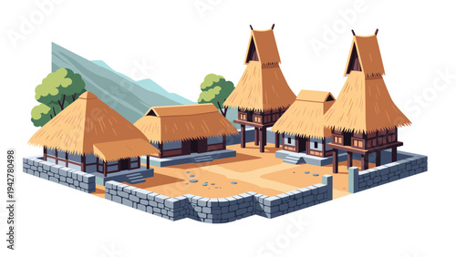 Traditional village with stilt houses and thatched roofs in isometric style