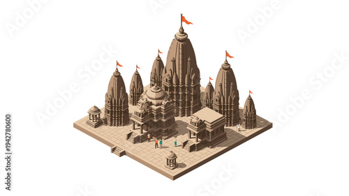 Isometric view of majestic ancient indian temple complex with flags