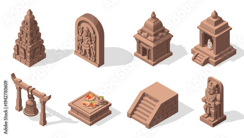Isometric ancient indian architecture: temples, shrines, and sculptures set