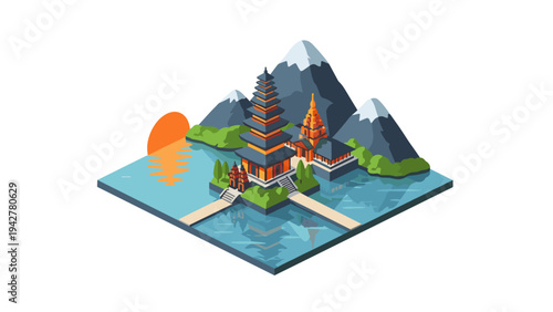 Tranquil temple landscape with mountains and sunset reflection in water