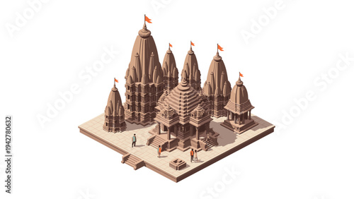 Intricate isometric temple architecture with detailed spires and courtyard ambience