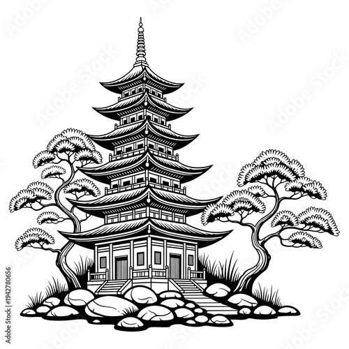 Black and white illustration of a traditional asian pagoda with trees isolated on a transparent background
