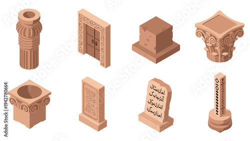 Ancient architectural elements set in isometric style: columns, arches, and more