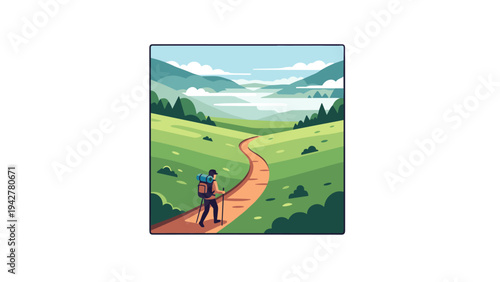 Serene landscape with hiker on a scenic trail in minimalist style