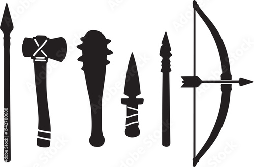 Primitive Hunting Weapon Silhouette Set Spear Axe Club Bow Arrow Tribal Icon Collection