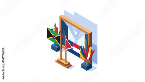 Isometric flags display with colorful feather decor and podium