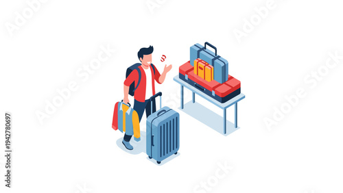 Traveler in airport handling luggage beside security checkpoint in isometric style
