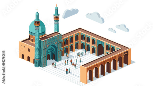 Isometric mosque architecture with courtyard and visitors under blue sky with clouds