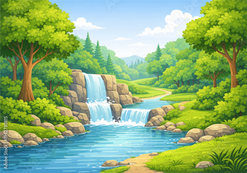 Scenic River Waterfall Landscape with Green Forest, Rocky Stream and Sunny Nature Background Vector Illustration