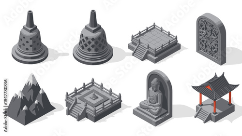 Isometric ancient asian monuments collection with stupas and temples