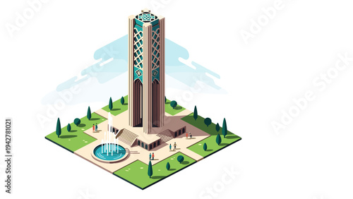 Modern isometric tower with art deco design surrounded by park and fountain