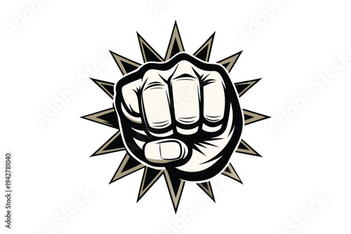 Powerful clenched fist symbol of protest and solidarity with a radiating sunburst background