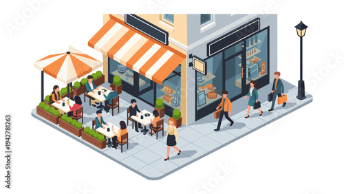 Isometric cafe scene with outdoor seating and passersby on city street corner