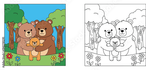 Cute cartoon bear family hugging in the forest. Coloring book page for kids with colored example. Vector illustration, black and white outline.