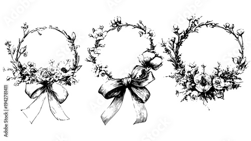 Blossoming garden wreath collection with silk ribbons and fresh buds, vectorized collection