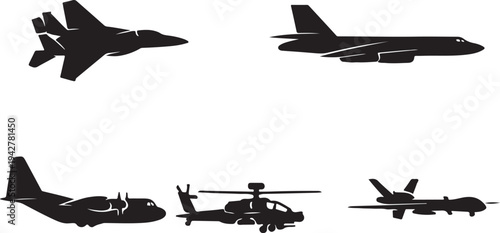 Military Aircraft Silhouette Set Fighter Jet Bomber Drone Helicopter Air Force Icons