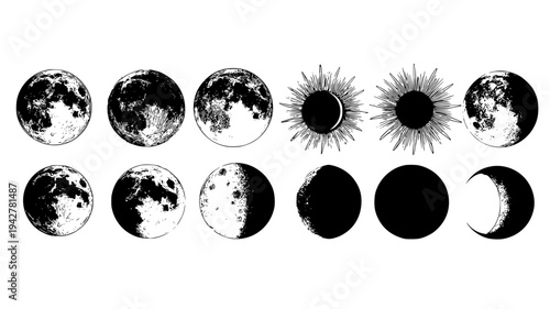 Celestial satellite family with waxing and waning phase graphics, vector art set