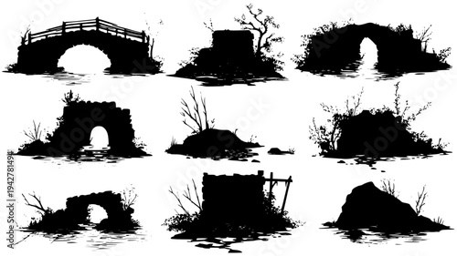 Bridge hideout bundle showcasing dark entrances and river debris, vectorized collection